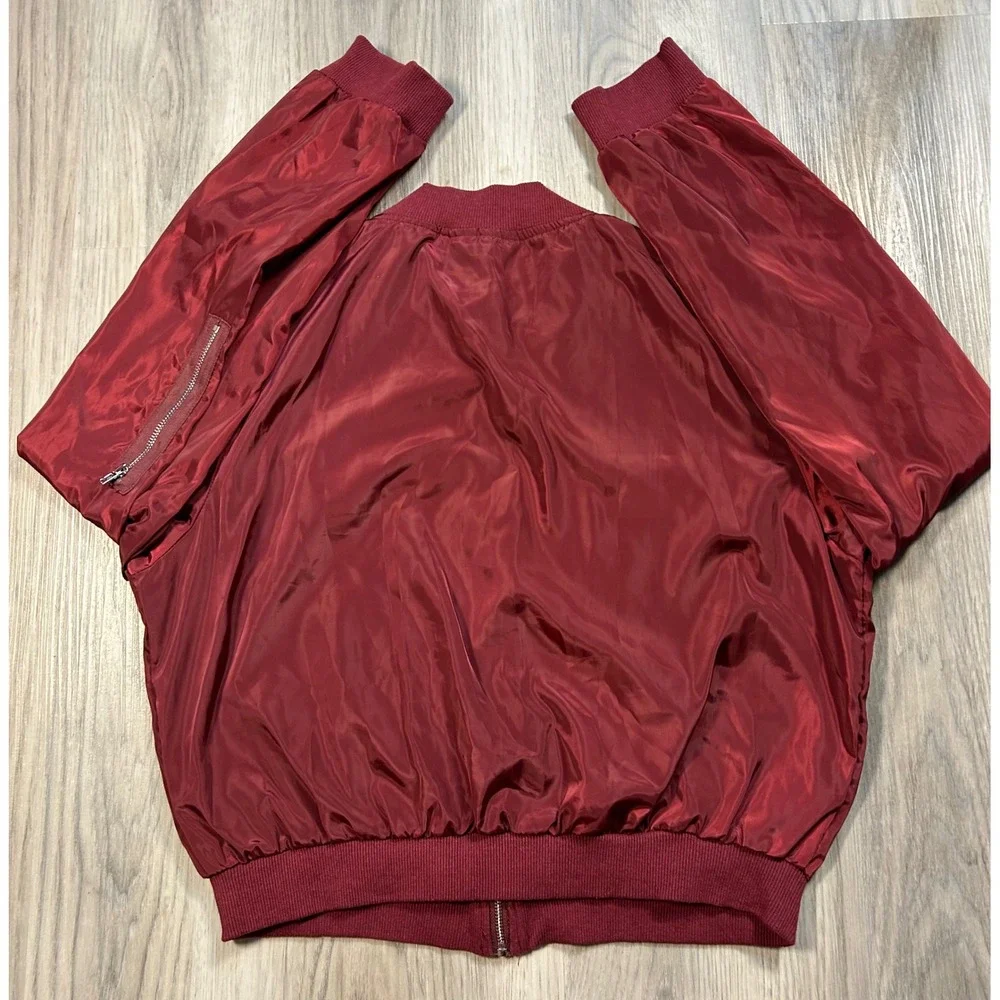 SHEIN Burgundy Red Bomber Jacket Full Zip Side Pocket Ribbed Cuffs Womens Size L